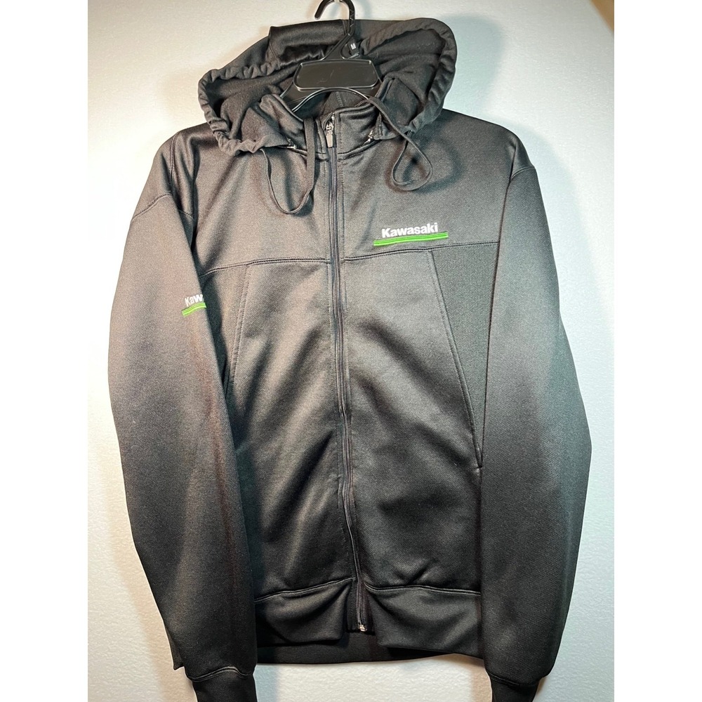 Kawasaki Jacket W Detachable Hood Mens LARGE Black  Motorcycle Full Zip